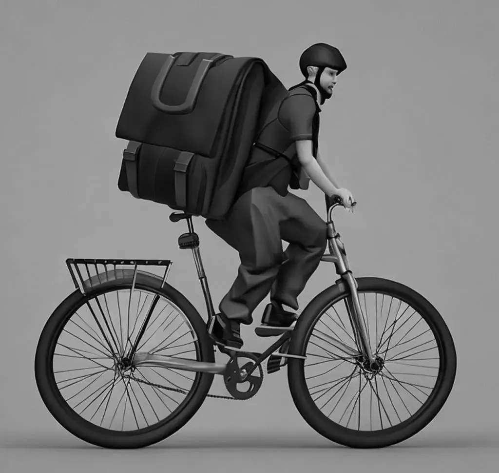 Hombre sobre bicicleta con un paquete a su espalda