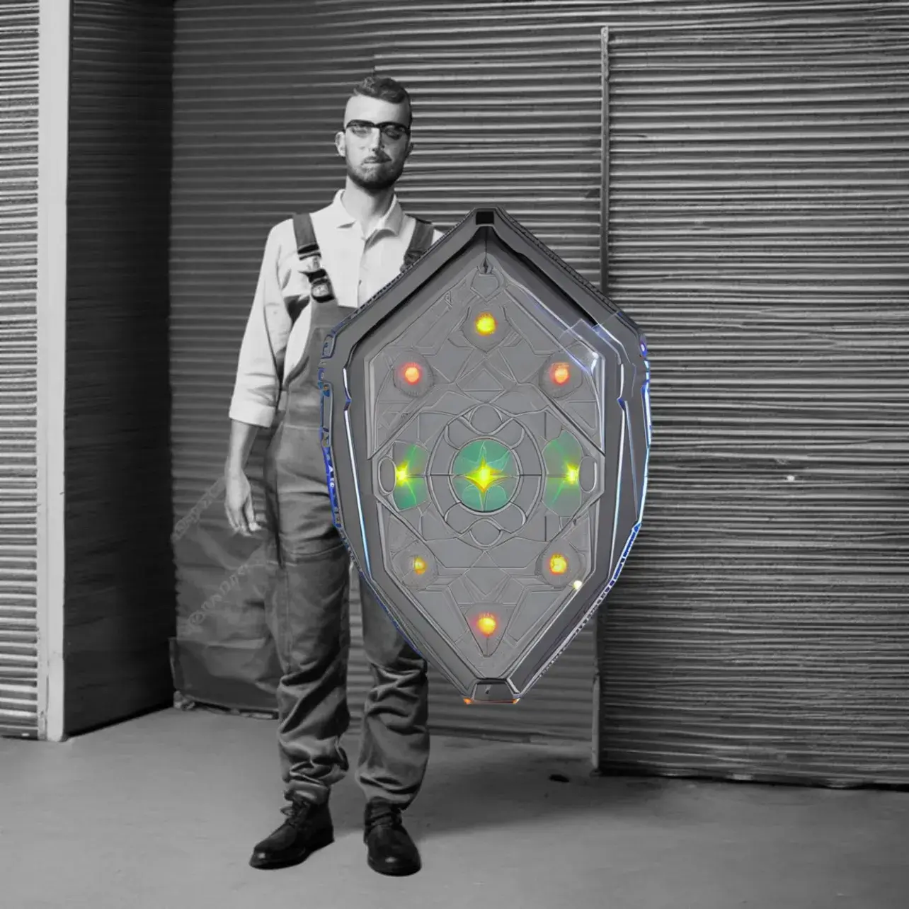 Hombre sosteniendo un escudo de defensa