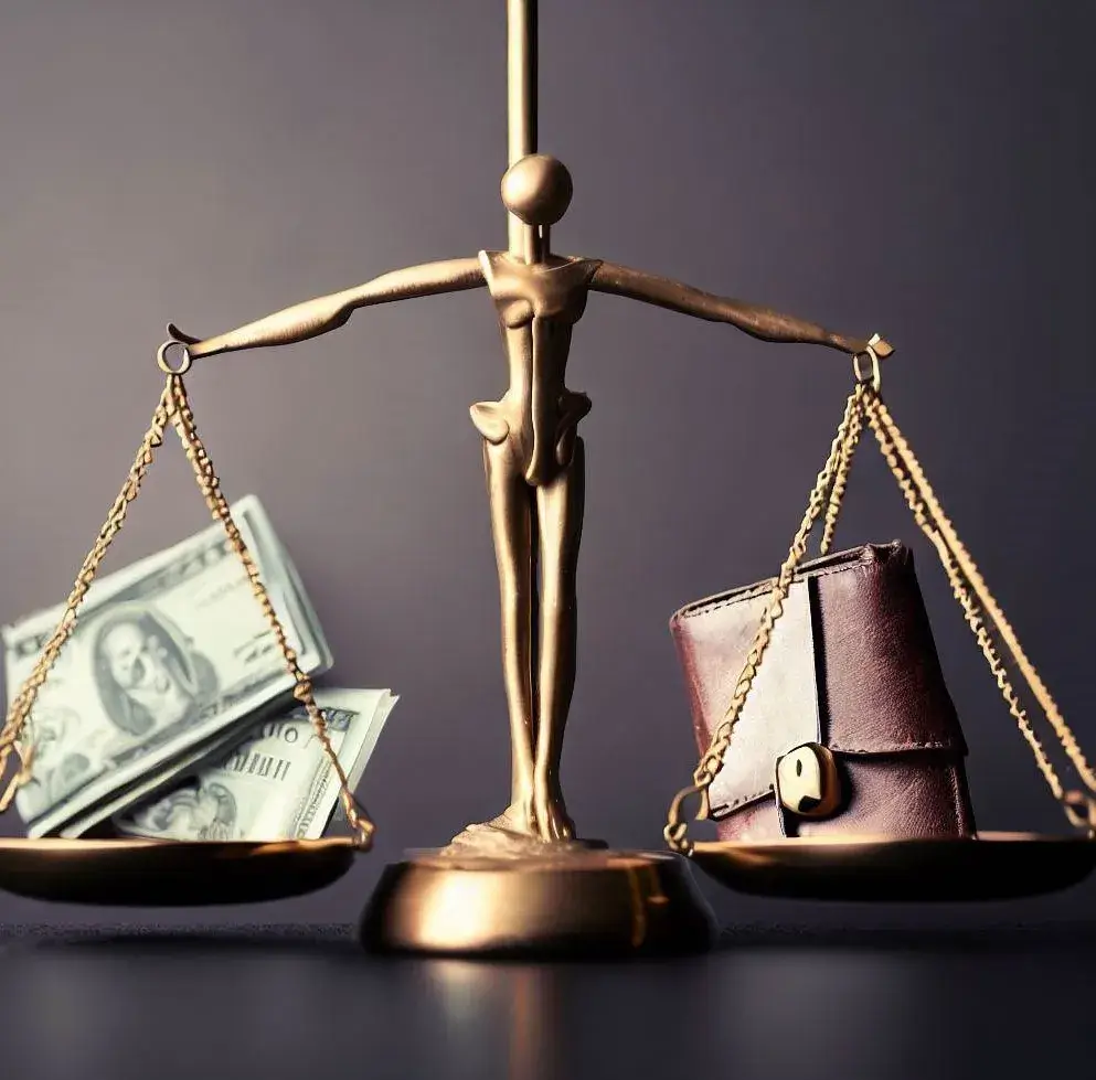Balanza de la justicia con billetes en un extremo y una cartera en el otro