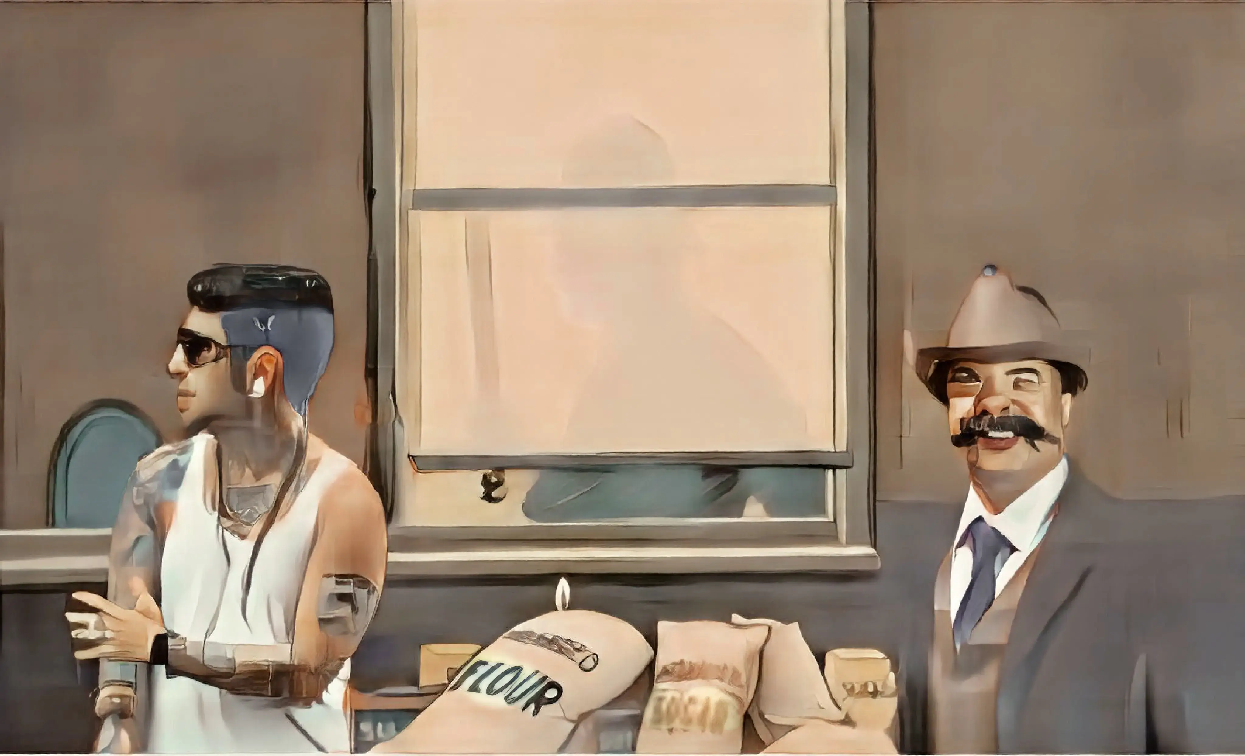 Hombre trajeado y hombre tatuado posando juntos