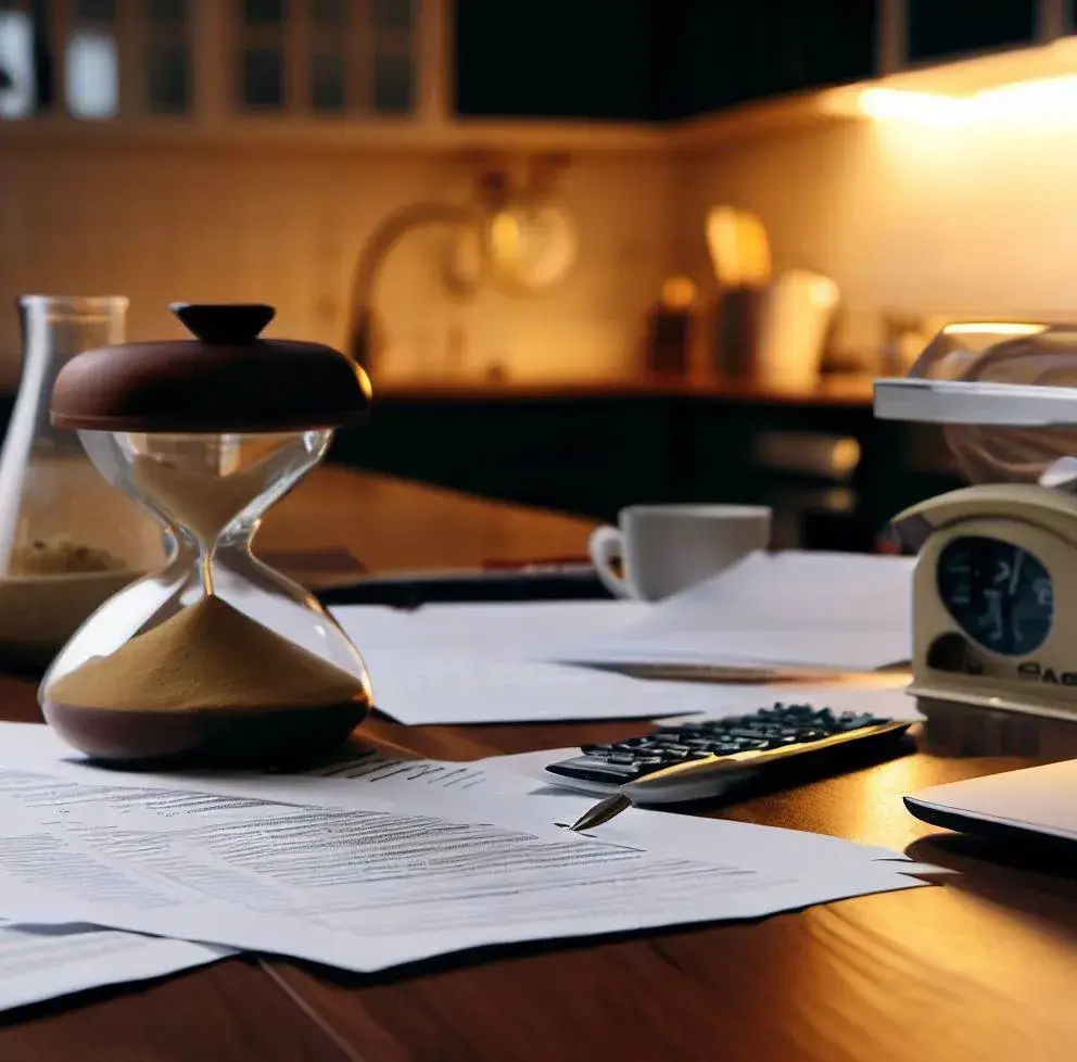 Documentos sobre una mesa junto a un reloj de arena