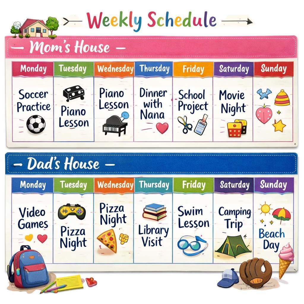 Weekly schedule listing daily activities for Mom's house and Dad's house