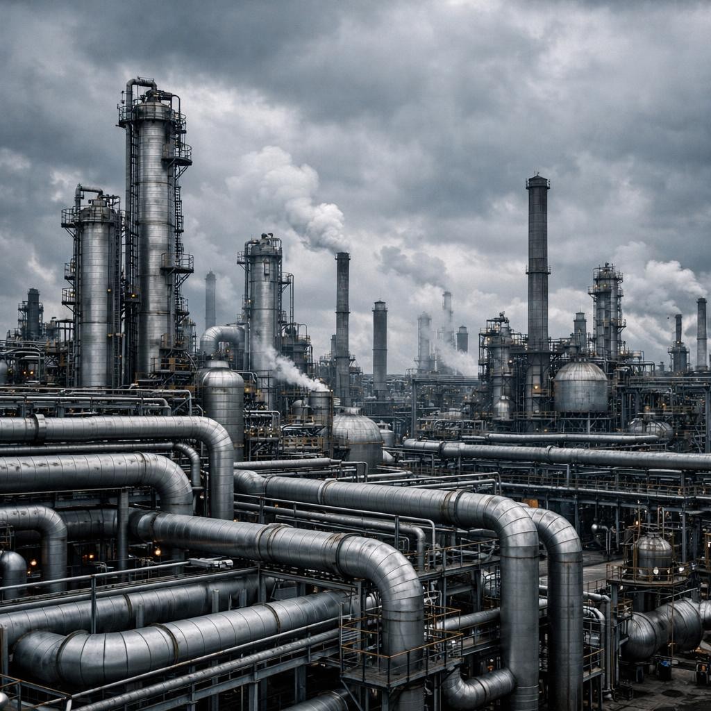 Industrial refinery with interconnected pipes and multiple smokestacks emitting smoke