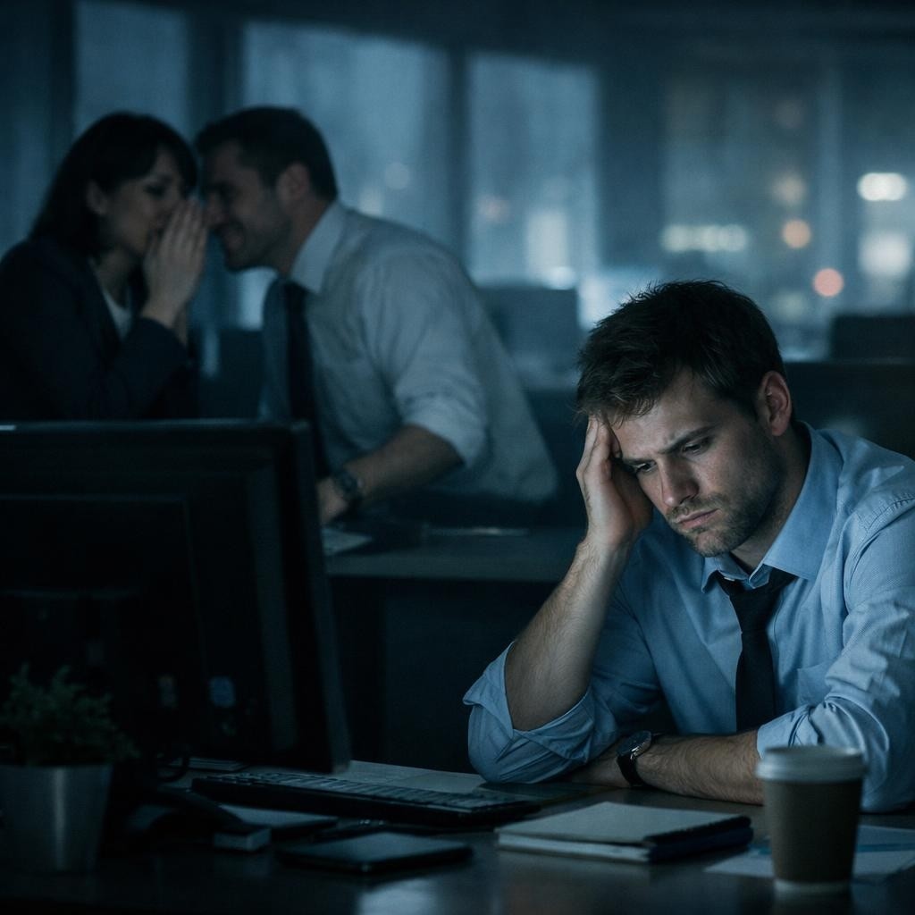 Stressed man sitting at desk with coworkers whispering behind him in office
