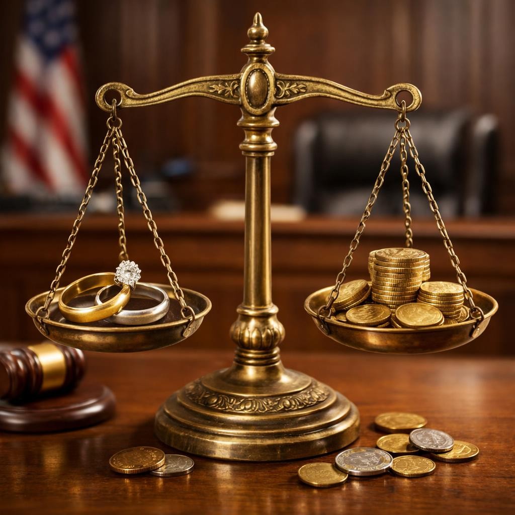 Brass balance scale with wedding rings on one side and gold coins on the other in courtroom