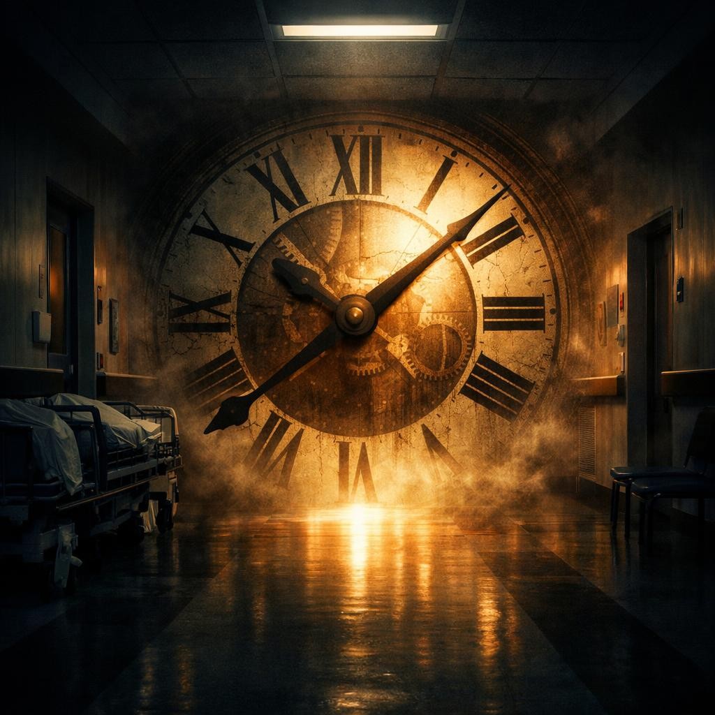 Hospital hallway with empty beds and a giant glowing clock face showing Roman numerals