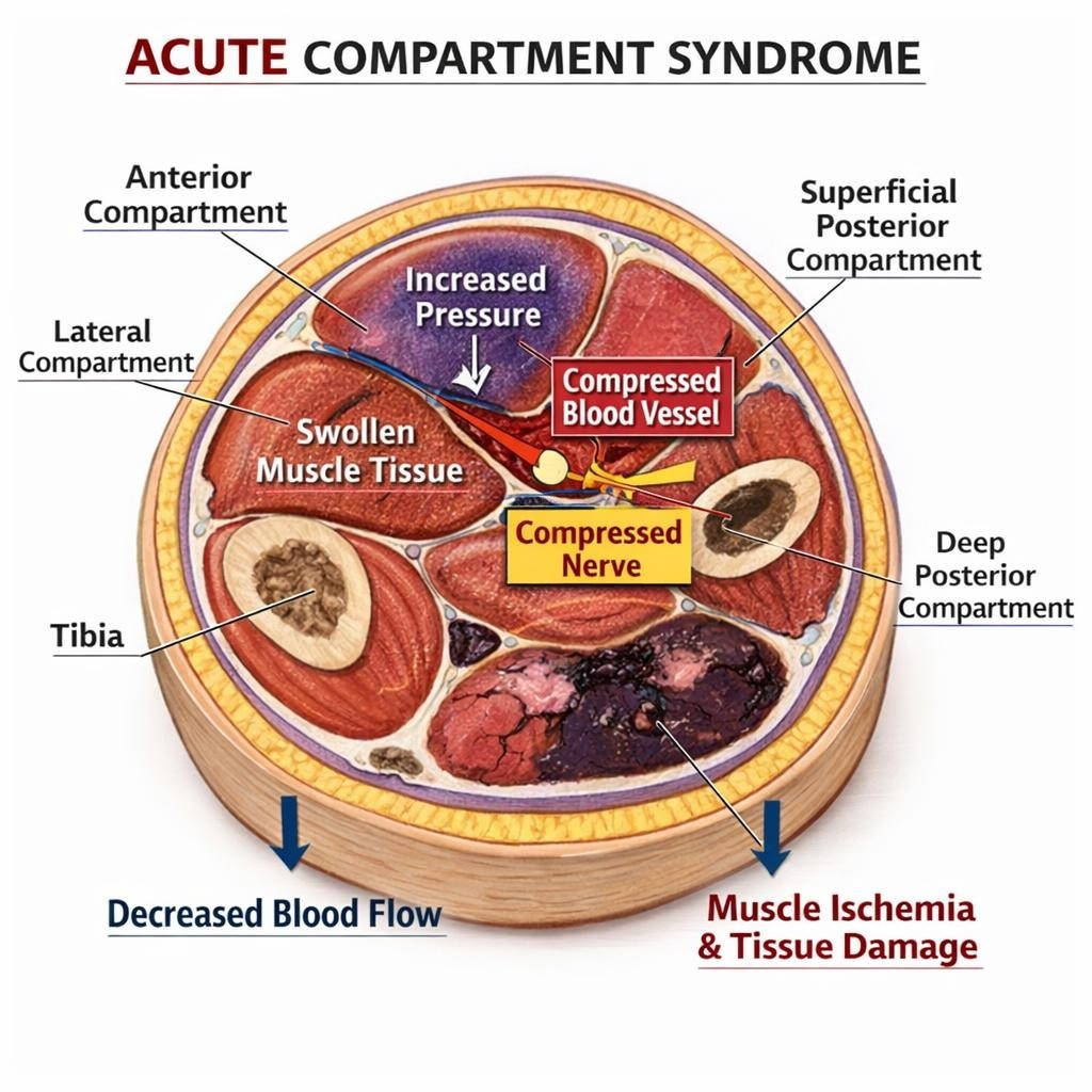 Cross-section of lower leg showing compartments with increased pressure, swollen muscle, compressed blood vessel and nerve, decreased blood flow, and muscle ischemia