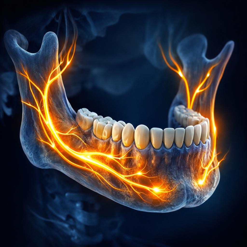3D model of the lower jaw highlighting mandibular nerve pathways glowing orange