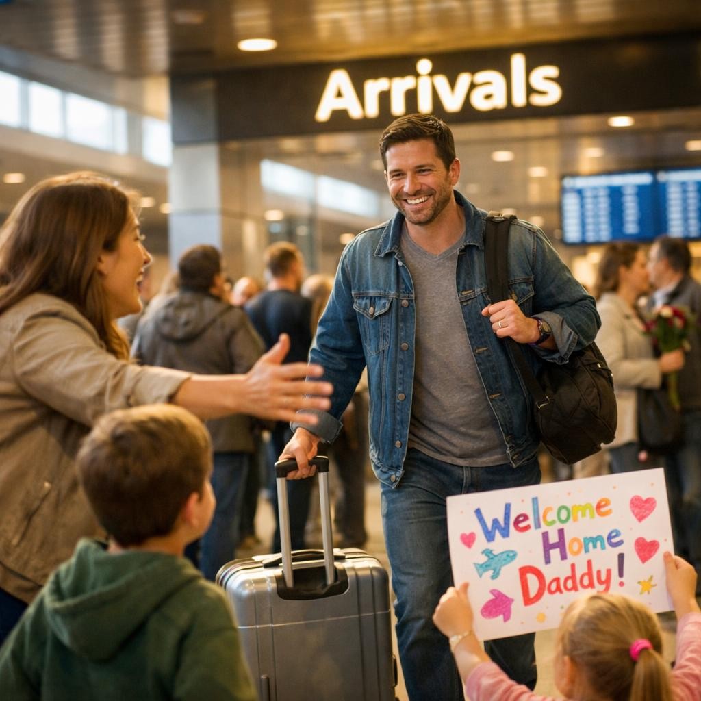 Man arriving at airport greeted by smiling family with welcome home sign