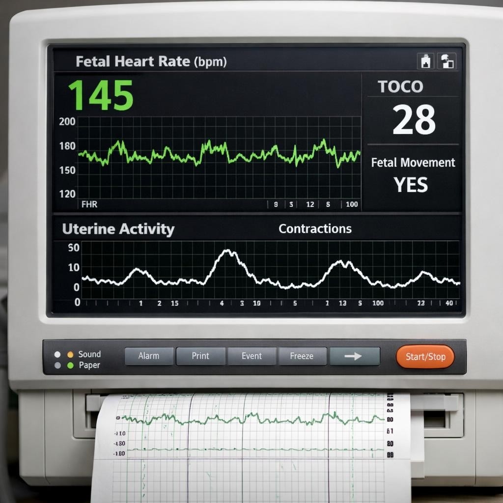 Fetal heart rate 145 bpm with uterine contractions and fetal movement indicated