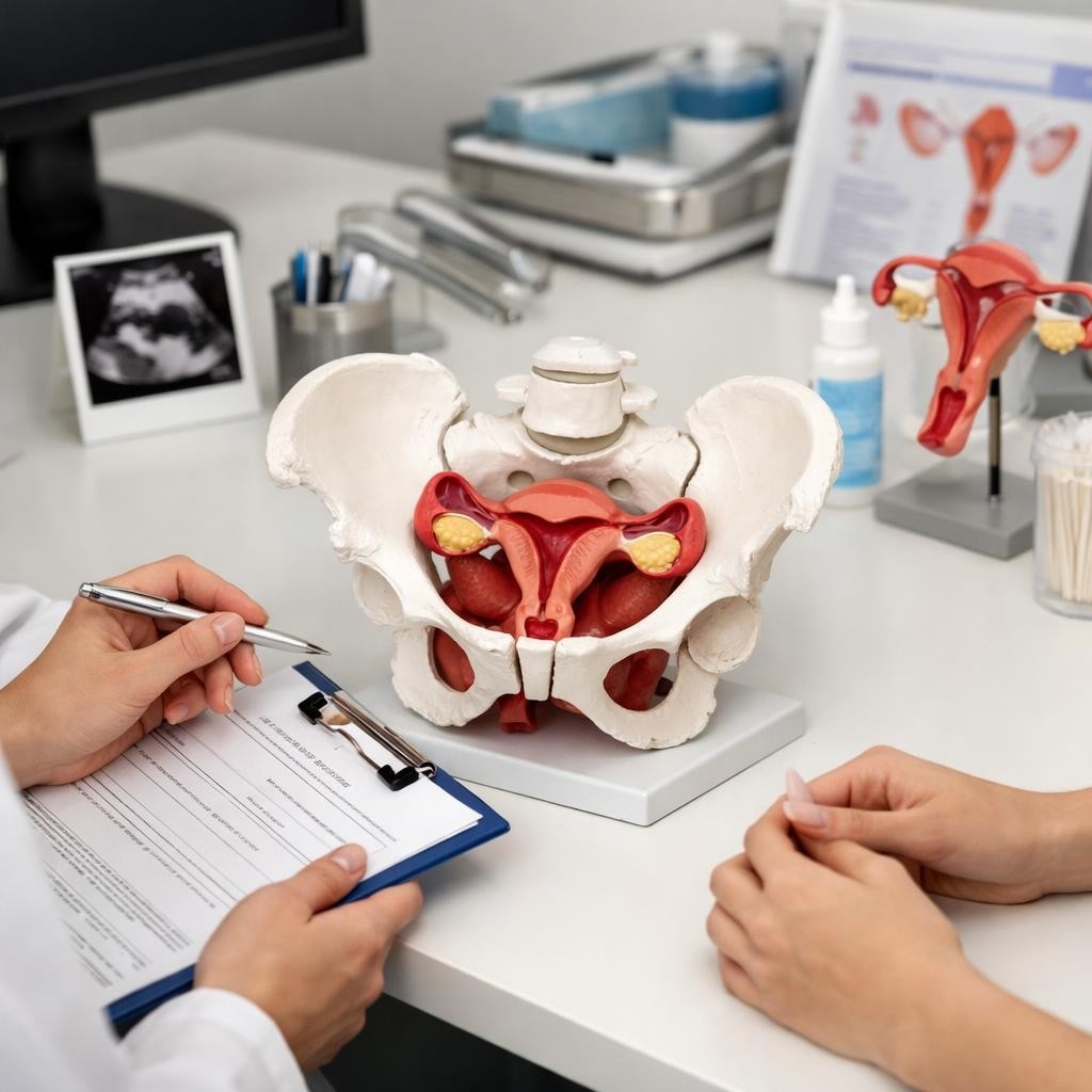 Pelvic anatomical model used by doctor to explain female reproductive system to patient.