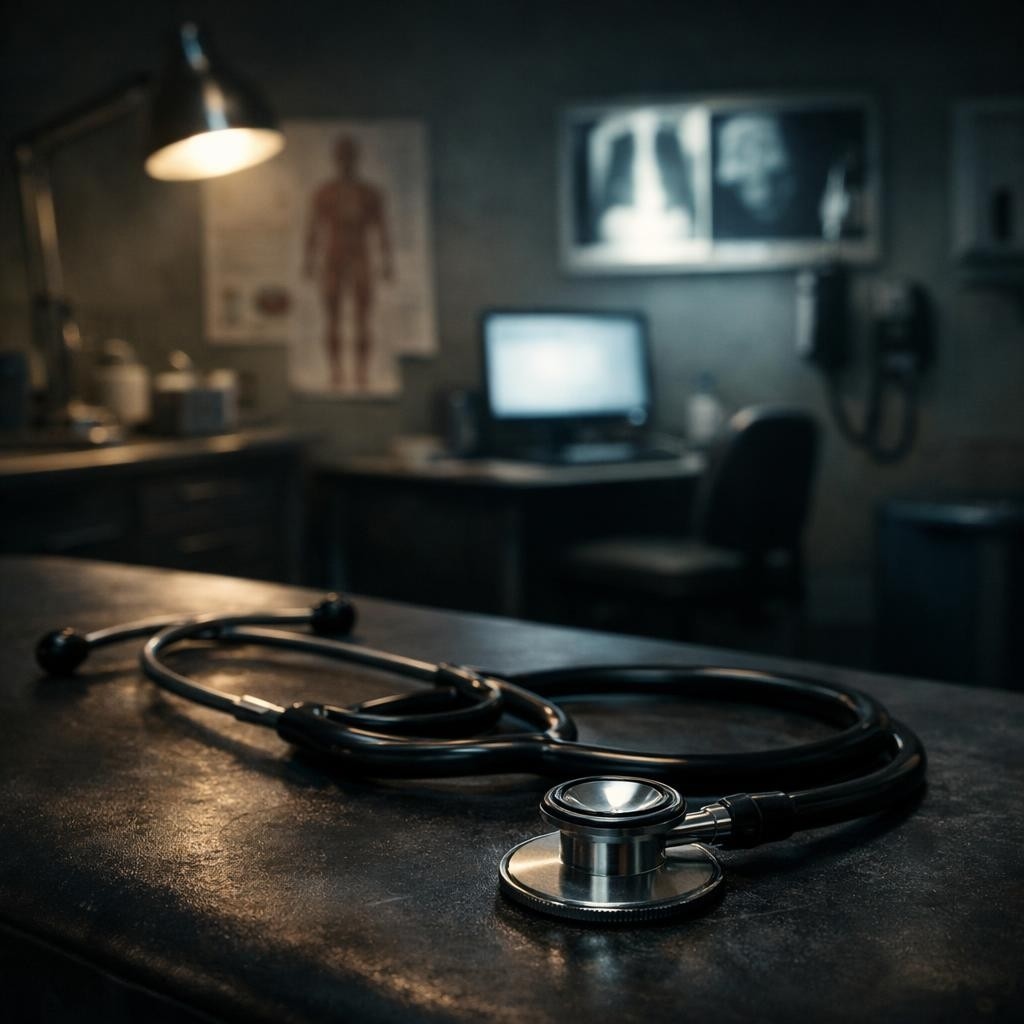Stethoscope resting on examination table in a medical office