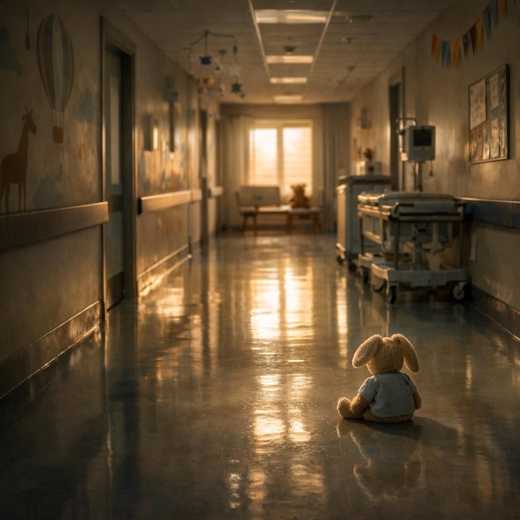 Stuffed bunny toy sitting on shiny hospital floor in corridor with medical equipment