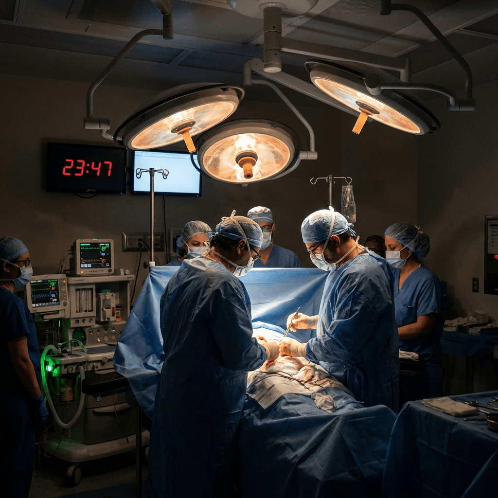 Medical team in scrubs and masks performing surgery under operating room lights with monitors showing vital signs