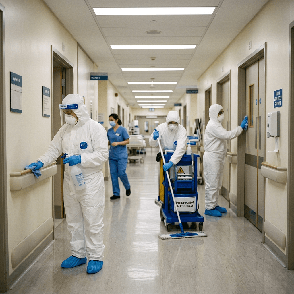 Healthcare workers wearing full protective suits disinfect hospital corridor surfaces