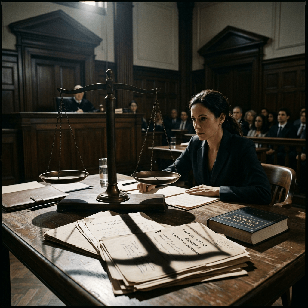 Lawyer sitting at a courtroom table with legal documents and scales of justice