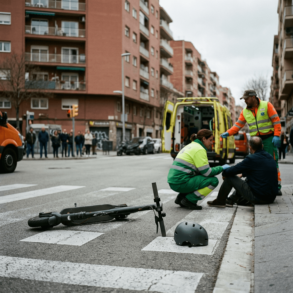 Paramedics assist a seated man beside a fallen electric scooter and helmet.